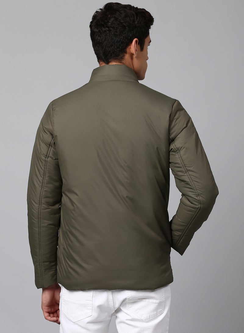 Dennis Lingo Olive Regular Fit Men's Solid Mock Neck Polyester Jacket with Zipper Closure  - Image 3