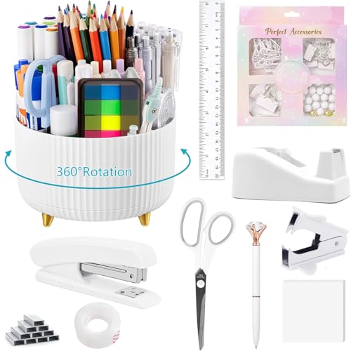 suniya Office Supplies,School Supplies,White Desk Accessories,Desk Organizer,Scissors,Stapler,Tape Dispenser,Binder Clips,Staples,Staple Remover,Sticky Notes,Clear Tape,Pen,Ruler,Best Gift,11pcs - Image 1