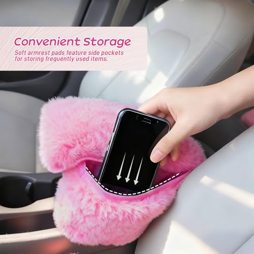 I3DIDEA Fluffy Car Armrest Cover with Side Pockets – Plush Fuzzy Fur Center Console Armrest Cushion Pad, Universal Winter Car Interior Protector, Soft Arm Rest Cover with Storage for Women & Men (PINK) - Image 4