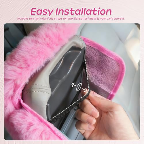 I3DIDEA Fluffy Car Armrest Cover with Side Pockets – Plush Fuzzy Fur Center Console Armrest Cushion Pad, Universal Winter Car Interior Protector, Soft Arm Rest Cover with Storage for Women & Men (PINK) - Image 5