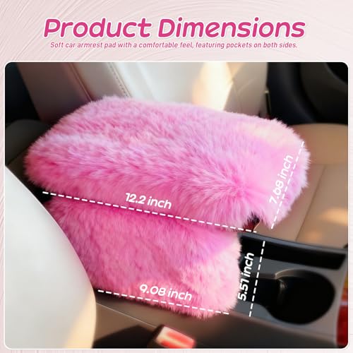 I3DIDEA Fluffy Car Armrest Cover with Side Pockets – Plush Fuzzy Fur Center Console Armrest Cushion Pad, Universal Winter Car Interior Protector, Soft Arm Rest Cover with Storage for Women & Men (PINK) - Image 2