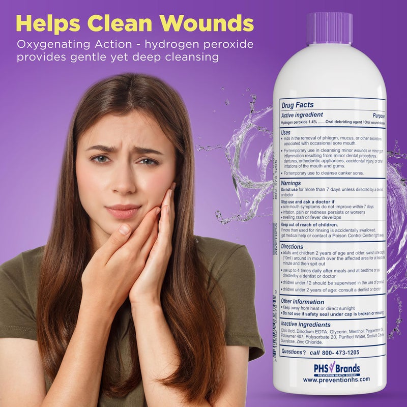 PHS Brands Prevention Mouth Sore Mouth Rinse, Canker Sore Treatment, Oral Pain Relief Mouthwash for Ulcers and Sores, Braces, with Hydrogen Peroxide, Alcohol-Free, Fluoride Free, 16 oz, Soothing Mint, 1 Pack - Image 5