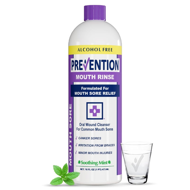 PHS Brands Prevention Mouth Sore Mouth Rinse, Canker Sore Treatment, Oral Pain Relief Mouthwash for Ulcers and Sores, Braces, with Hydrogen Peroxide, Alcohol-Free, Fluoride Free, 16 oz, Soothing Mint, 1 Pack - Image 1