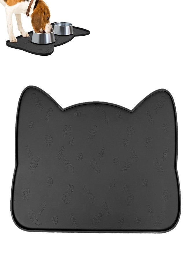 IYYI Cat Food Mat, Silicone Pet Food Mat for Floor, Waterproof Non Slip Pet Feeding Mat, Raised Edge Cat Bowl Mat to Stop Food Spills and Water Messes (Black+M) - Image 1
