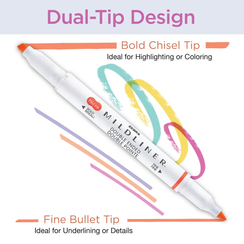 Zebra Pen Mildliner Dual-Tip Highlighter Marker Set, Broad and Fine Point Tips, No Bleed, Ideal for Bible Highlighting and Giftable Art Supplies, Assorted Fluorescent Ink Colors, 5-Pack (78105) - Image 2