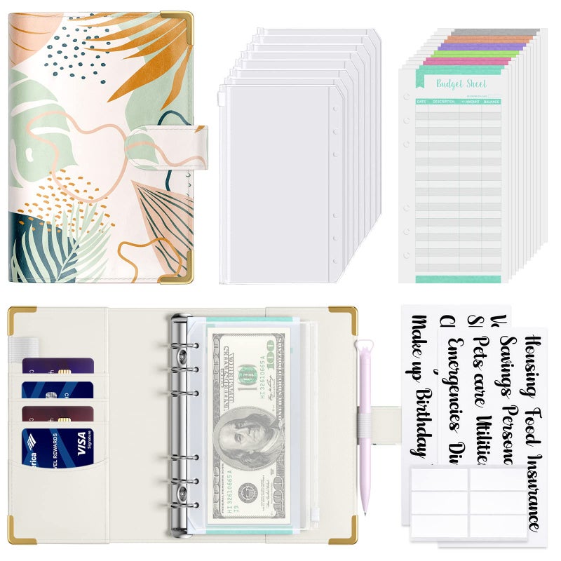 Rnivvi Budget Binder with Zipper Envelopes, A6 Money Saving Binder Cash Envelopes for Budgeting, PU Leather Planner Money Organizer for Cash Bills, Cute Boho System Wallet for Women, Tropical Leaves - Image 1