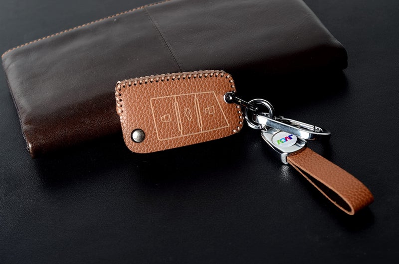 JVCV® Soft Handmade Lychee Pattern Leather Key Cover Compatible with Skoda Kylaq Slavia Kushaq Taigun Tiguan Virtus Octavia Kodiaq Superb Folding Key (Brown) - Image 5