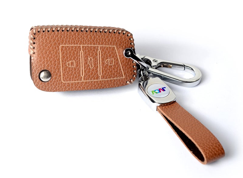 JVCV® Soft Handmade Lychee Pattern Leather Key Cover Compatible with Skoda Kylaq Slavia Kushaq Taigun Tiguan Virtus Octavia Kodiaq Superb Folding Key (Brown) - Image 4