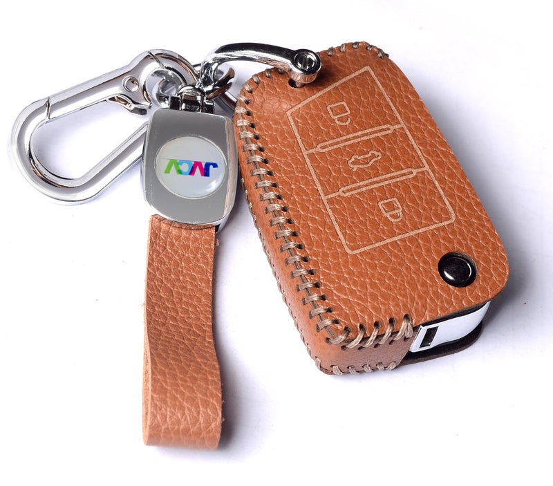 JVCV® Soft Handmade Lychee Pattern Leather Key Cover Compatible with Skoda Kylaq Slavia Kushaq Taigun Tiguan Virtus Octavia Kodiaq Superb Folding Key (Brown) - Image 1