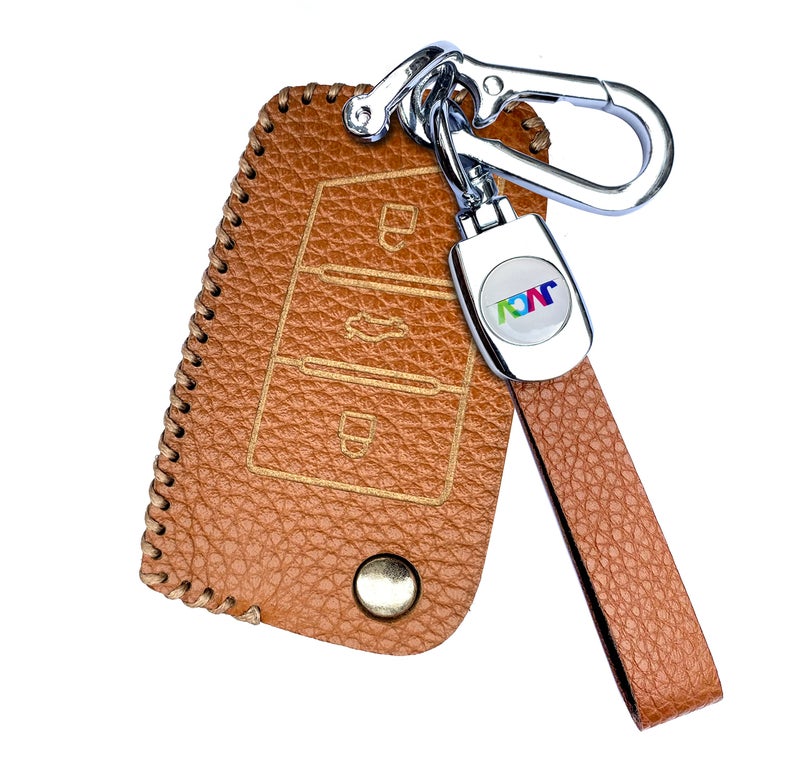 JVCV® Soft Handmade Lychee Pattern Leather Key Cover Compatible with Skoda Kylaq Slavia Kushaq Taigun Tiguan Virtus Octavia Kodiaq Superb Folding Key (Brown) - Image 3