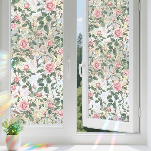 Aomkmi Pink Rose Stained Glass Window Film 2Pcs Static Cling Privacy UV Blocking Stickers Removable Floral Decal Films for Bathroom Living Room Home Sun Blocking 17 x 7874 Inch - Image 1