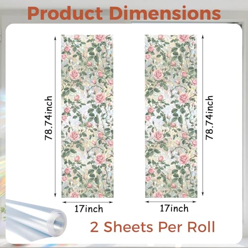 Aomkmi Pink Rose Stained Glass Window Film 2Pcs Static Cling Privacy UV Blocking Stickers Removable Floral Decal Films for Bathroom Living Room Home Sun Blocking 17 x 7874 Inch - Image 3