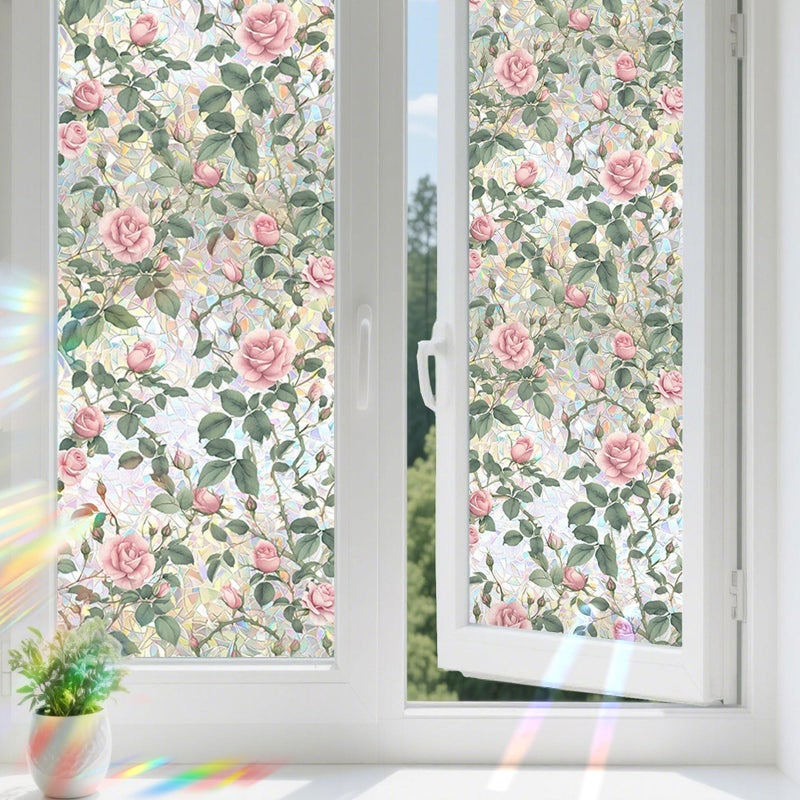 Aomkmi Pink Rose Stained Glass Window Film 2Pcs Static Cling Privacy UV Blocking Stickers Removable Floral Decal Films for Bathroom Living Room Home Sun Blocking 17 x 7874 Inch - Image 2