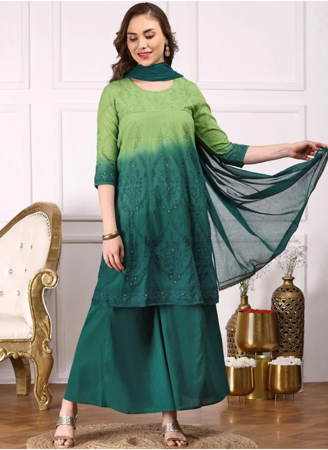 ISHIN Ombre Embroidered Regular Thread Work Pure Cotton Kurta With Trousers & Dupatta