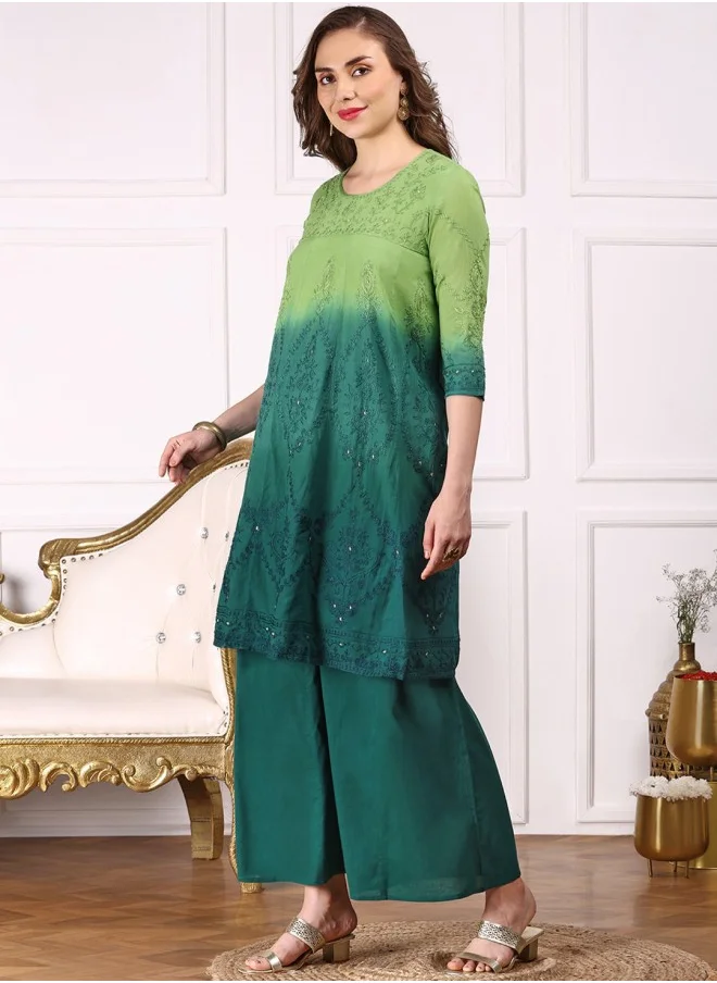 آي شين A-Line Fit Embroidered Pattern Round Neck Three-Quarter Sleeves Olive Colour Knitted Cotton Kurta Set for Women with Semi Elastic Closure - Blending Tradition with Modern Style