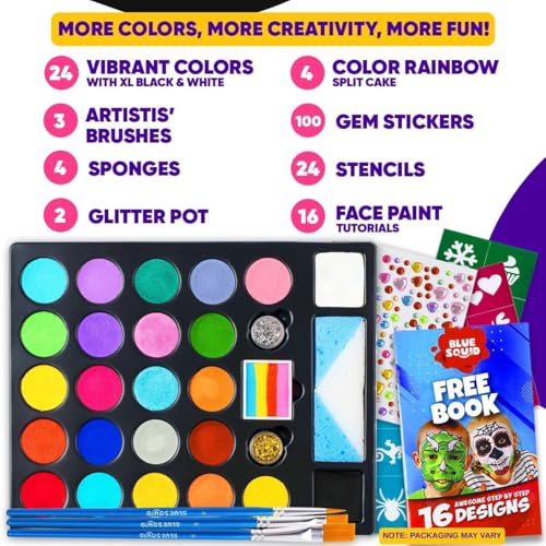 Blue Squid 28 Color Face Painting Kit for Kids - Blue Squid Face Paint Kit Palette with 160pc accessories Stencils, Water Activated Non Toxic Washable Professional Facepaint body set Halloween Party Makeup - Image 3