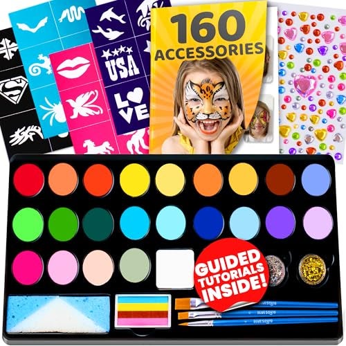 Blue Squid 28 Color Face Painting Kit for Kids - Blue Squid Face Paint Kit Palette with 160pc accessories Stencils, Water Activated Non Toxic Washable Professional Facepaint body set Halloween Party Makeup - Image 1
