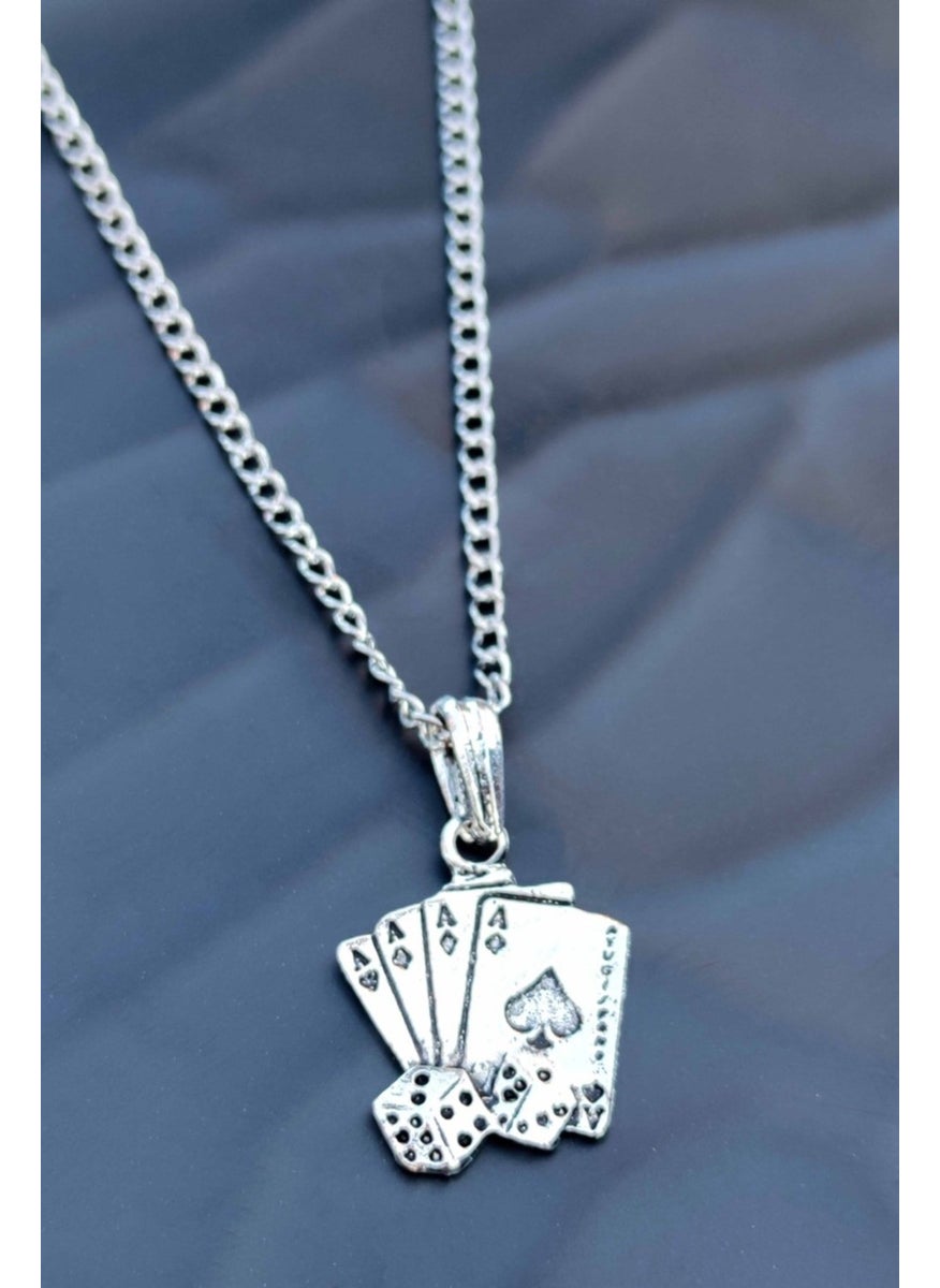 The Collection - Antique Silver Plated Dice Detailed Ace of Spades Poker Cards Men's Necklace - Image 1