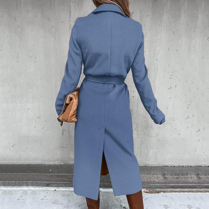 woobles Women's Faux Wool Notch Lapel Double Breasted Trench Belted Mid Long Outwear Winter Coat Slim Long Pea Coat Overcoat XX-Large 004-blue - Image 3