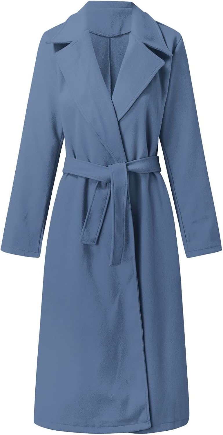 woobles Women's Faux Wool Notch Lapel Double Breasted Trench Belted Mid Long Outwear Winter Coat Slim Long Pea Coat Overcoat XX-Large 004-blue - Image 4