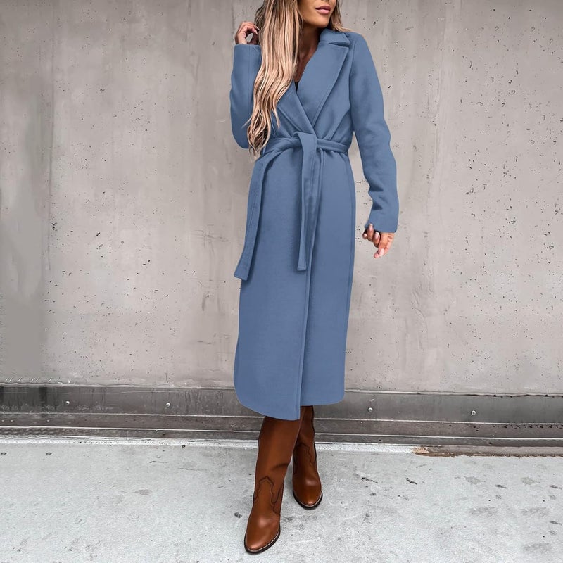 woobles Women's Faux Wool Notch Lapel Double Breasted Trench Belted Mid Long Outwear Winter Coat Slim Long Pea Coat Overcoat XX-Large 004-blue - Image 2