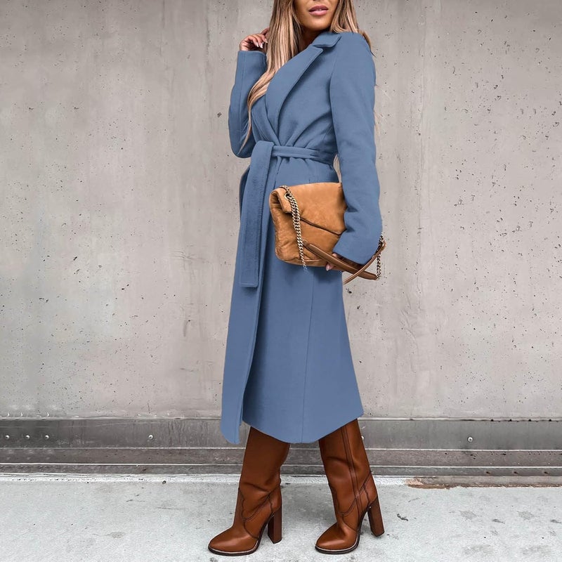 woobles Women's Faux Wool Notch Lapel Double Breasted Trench Belted Mid Long Outwear Winter Coat Slim Long Pea Coat Overcoat XX-Large 004-blue - Image 1