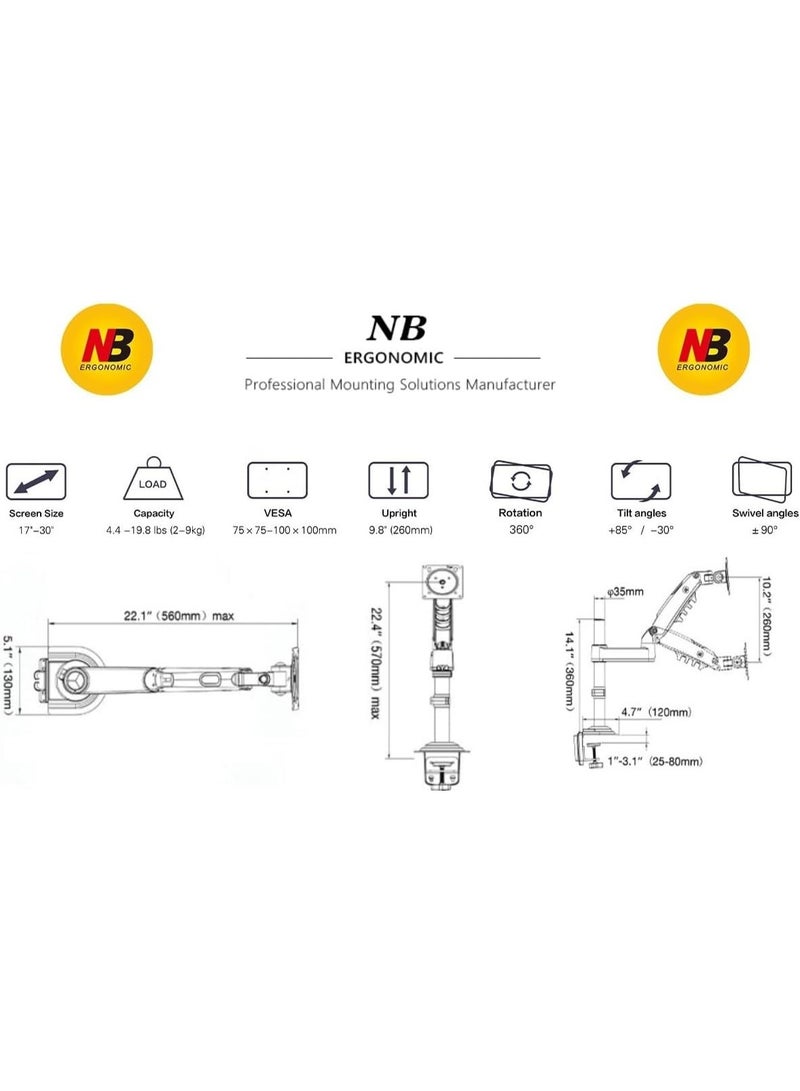 NB Nb H100 Professional 17-30" Monitor Holder Arm Stand with Shock Absorbers & Lift - Image 3