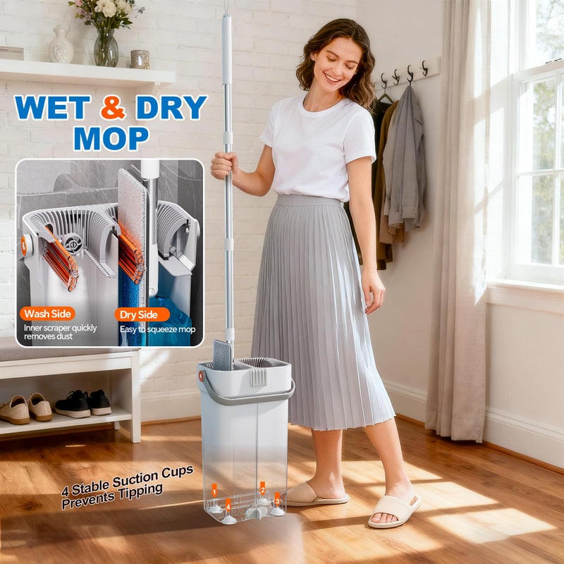 CTIME Large Mop and Bucket Set, Flat Mop and Bucket System, Wall Mop with Adjustable Handle (Max 70.87 Inches), Mops for Floor Cleaning, 6 Washable 15.74'' Microfiber Mop Pads - Image 2