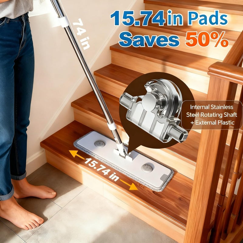CTIME Large Mop and Bucket Set, Flat Mop and Bucket System, Wall Mop with Adjustable Handle (Max 70.87 Inches), Mops for Floor Cleaning, 6 Washable 15.74'' Microfiber Mop Pads - Image 3