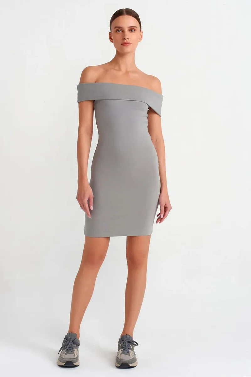 Dilvin Slate Grey DILVIN Bodycon Mini Dress With Off-shoulder Neckline for Women | Best Price UAE