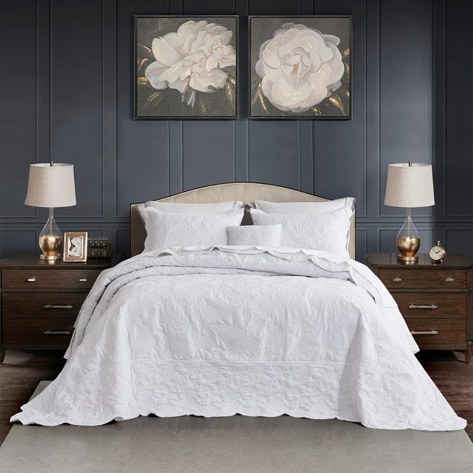 HZ HY OVERSIZED KING BEDSPREAD 128X120 EXTRA WIDE QUILTED COVERLET BEDDING SET LIGHTWEIGHT THIN COMFORTER REVERSIBLE LUXURIOUS 5 PIECE 100 MICROFIBER PURE WHITE