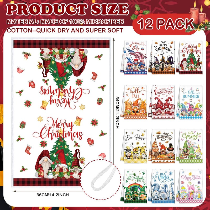 FuWeave 12 Pcs Seasonal Kitchen Towels Set for All Holidays Hand Dish Tea Towels Gift Bulk Christmas Absorbent Dishcloths Housewarming Gift for Cooking Kitchen Bathroom(Gnome Style,Bright Color) - Image 2