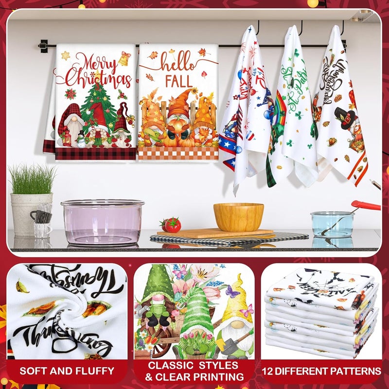 FuWeave 12 Pcs Seasonal Kitchen Towels Set for All Holidays Hand Dish Tea Towels Gift Bulk Christmas Absorbent Dishcloths Housewarming Gift for Cooking Kitchen Bathroom(Gnome Style,Bright Color) - Image 3