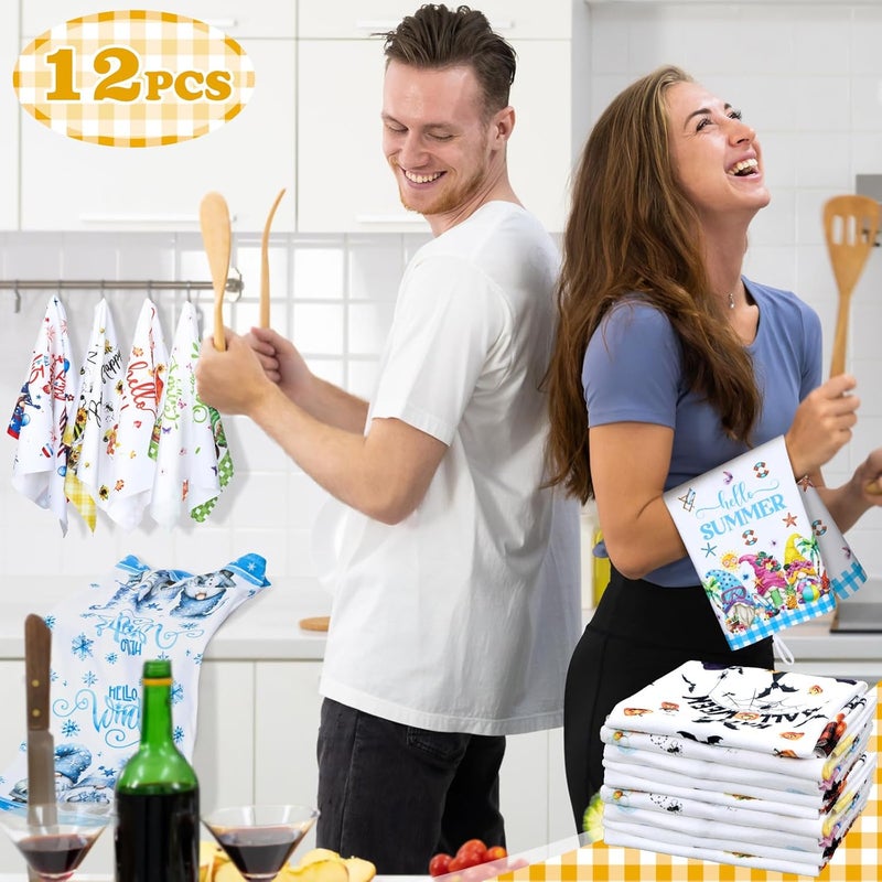 FuWeave 12 Pcs Seasonal Kitchen Towels Set for All Holidays Hand Dish Tea Towels Gift Bulk Christmas Absorbent Dishcloths Housewarming Gift for Cooking Kitchen Bathroom(Gnome Style,Bright Color) - Image 4