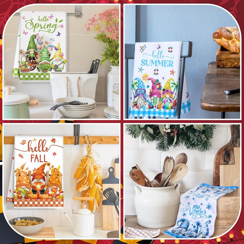 FuWeave 12 Pcs Seasonal Kitchen Towels Set for All Holidays Hand Dish Tea Towels Gift Bulk Christmas Absorbent Dishcloths Housewarming Gift for Cooking Kitchen Bathroom(Gnome Style,Bright Color) - Image 5