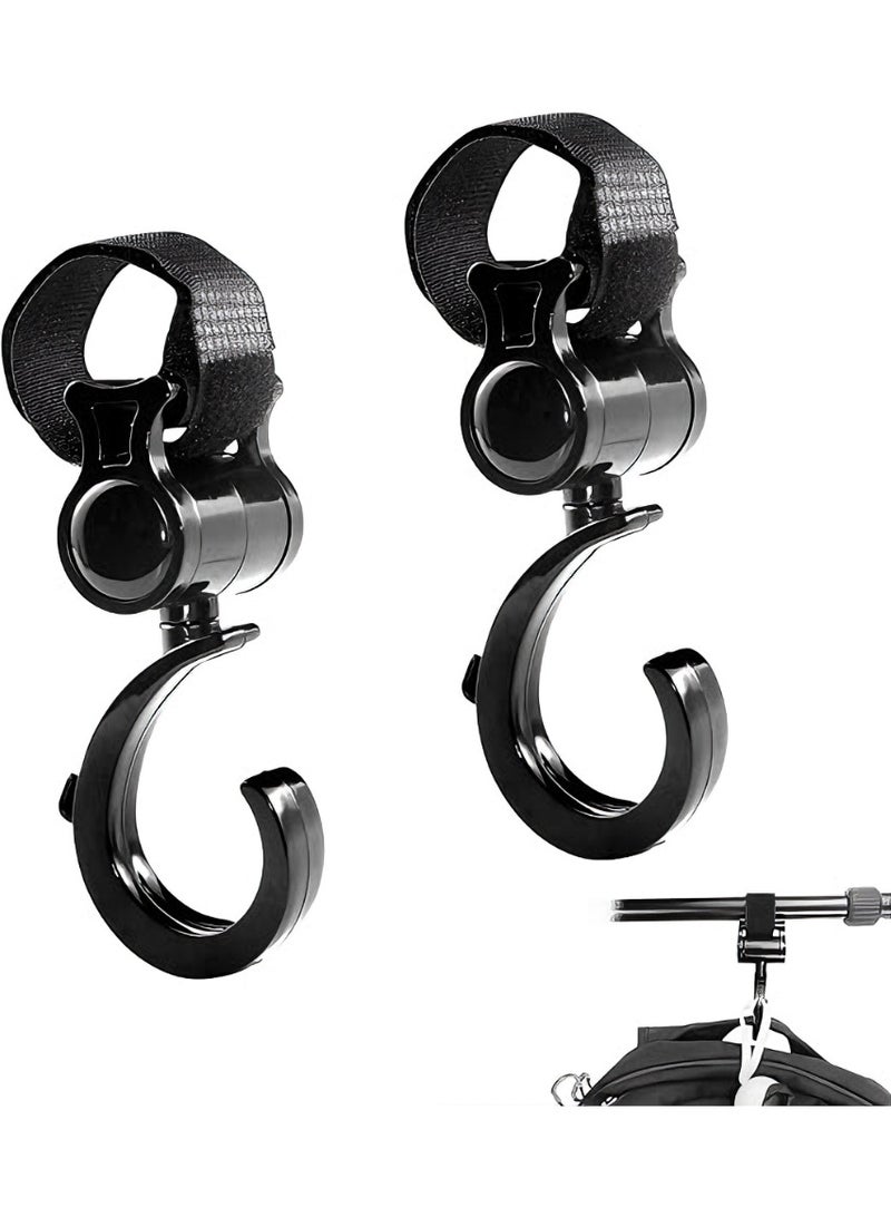 2-Pack Universal Heavy Duty Stroller Hooks - 360° Rotating Multi-Functional Hanger for Diaper Bags & Shopping - Anti-Slip Secure Pushchair Clips for Strollers, Car Seats & Wheelchairs - Black - Image 1