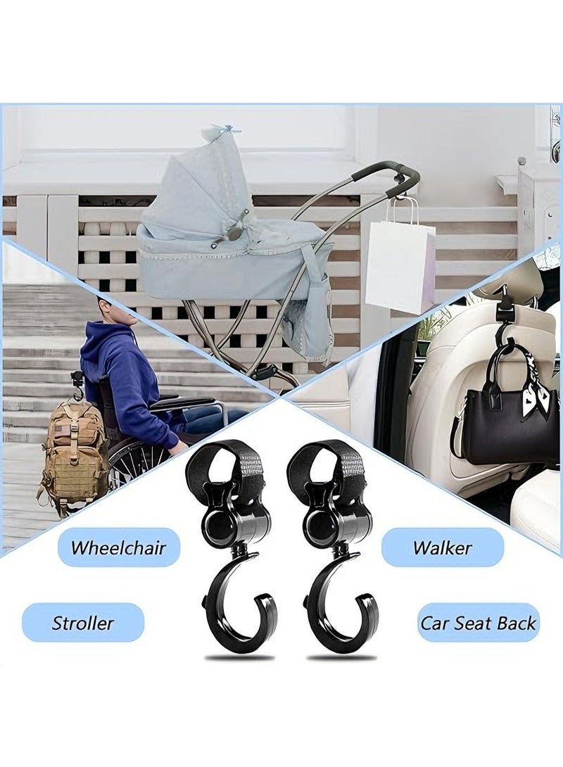 2-Pack Universal Heavy Duty Stroller Hooks - 360° Rotating Multi-Functional Hanger for Diaper Bags & Shopping - Anti-Slip Secure Pushchair Clips for Strollers, Car Seats & Wheelchairs - Black - Image 3
