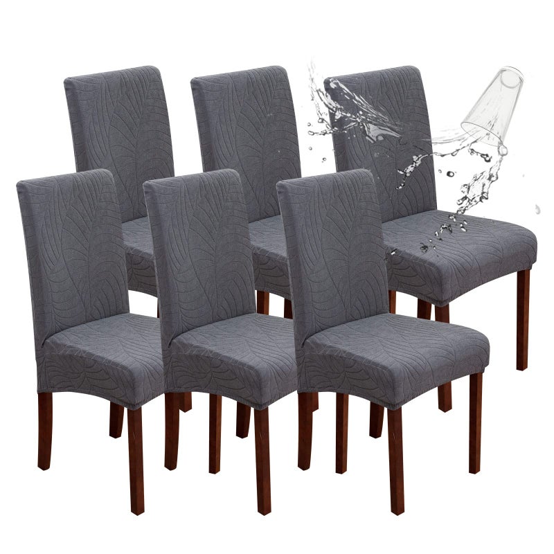 Genina Waterproof Chair Covers for Dining Room, Stretch Jacquard Dining Chair Slipcovers Removable Washable Chair Protector for Kitchen, Hotel, Restaurant (Leaves-Dark Gray, 6 PCS) - Image 1