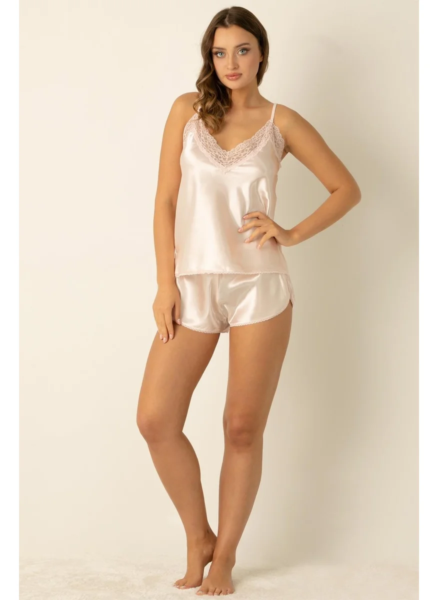 Miorre Doremi Lace Collar Thin Strap Satin Shorts Set