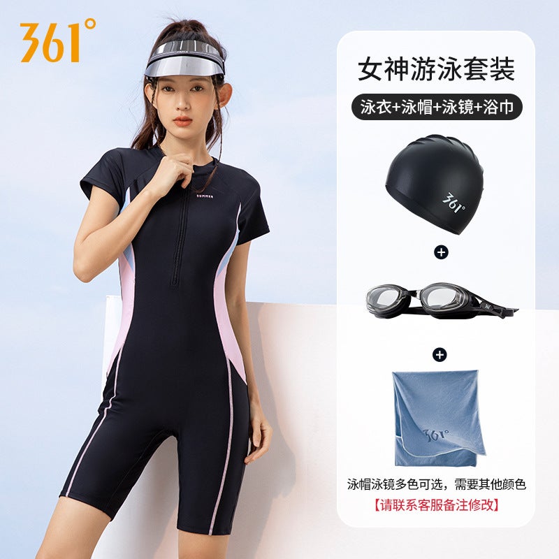 361 Womens Slimming One-Piece Swimsuit 2023 Black four-piece suit [swimsuit + swimming cap + goggles + bath towel]]