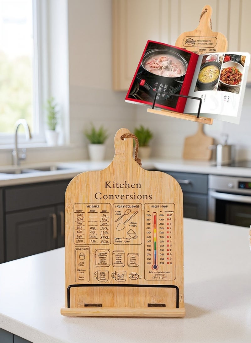 LOOPITYS Cookbook Stand Recipe bookshelf Holder with Measurement Conversion Chart ，Sturdy angle-adjustable wooden recipe stand Cookbook Stand for Kitchen Counters, Essential Accessories for Holding Cookbooks - Image 1