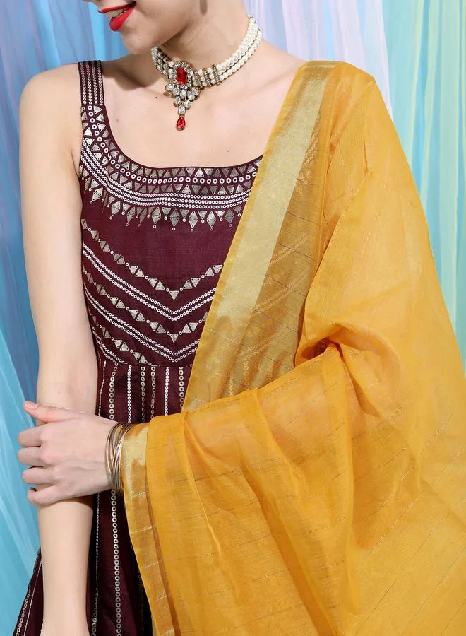 Vishudh Embellished Ethnic Maxi Dress with Dupatta Set by Styli