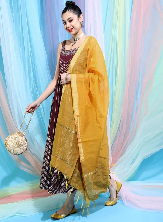 Vishudh Embellished Ethnic Maxi Dress with Dupatta Set by Styli