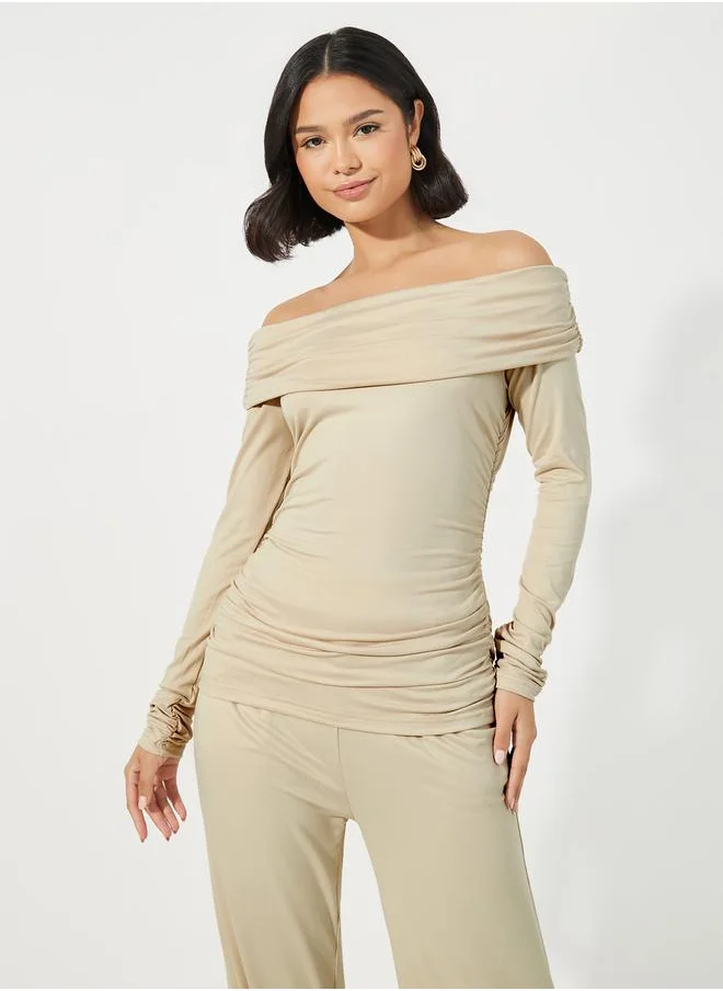 Styli Off Shoulder Top & Wide Leg Pants Co-Ords