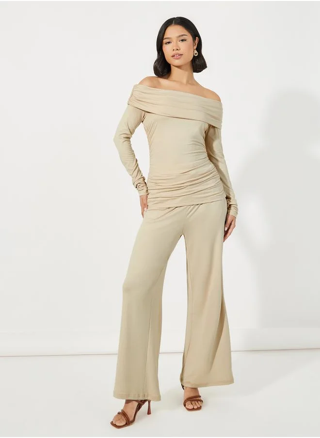 Styli Off Shoulder Top & Wide Leg Pants Co-Ords