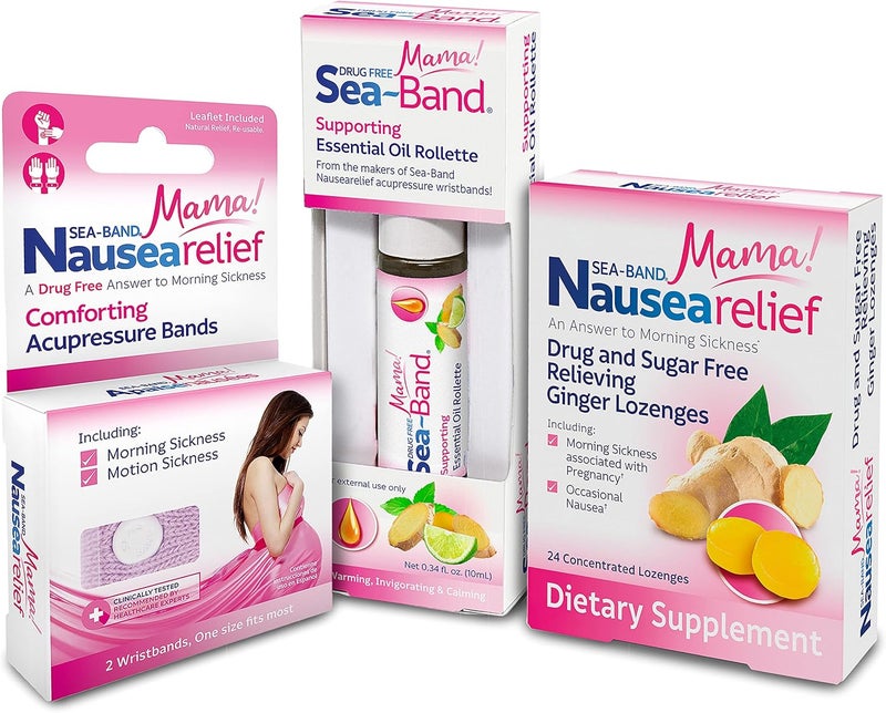 مجموعة Sea-Band Mama! لتخفيف الغثيان أثناء الحمل مع أساور الضغط، حلوى الزنجبيل وزيت أساسي روليت
