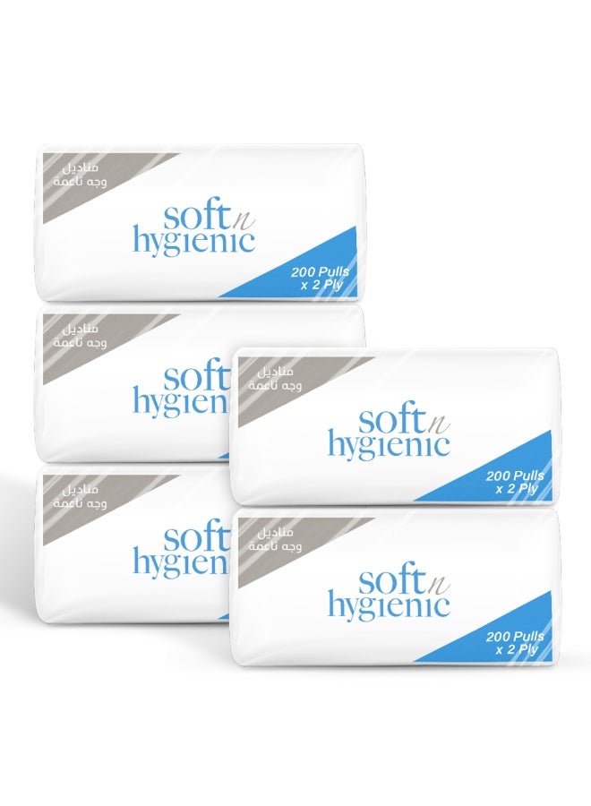 إس إن إتش باكينج مجموعة من 5 مناديل ناعمة للوجه صحية، 200 ورقة مناديل ناعمة من النايلون مع تغليف من النايلون. - Image 1