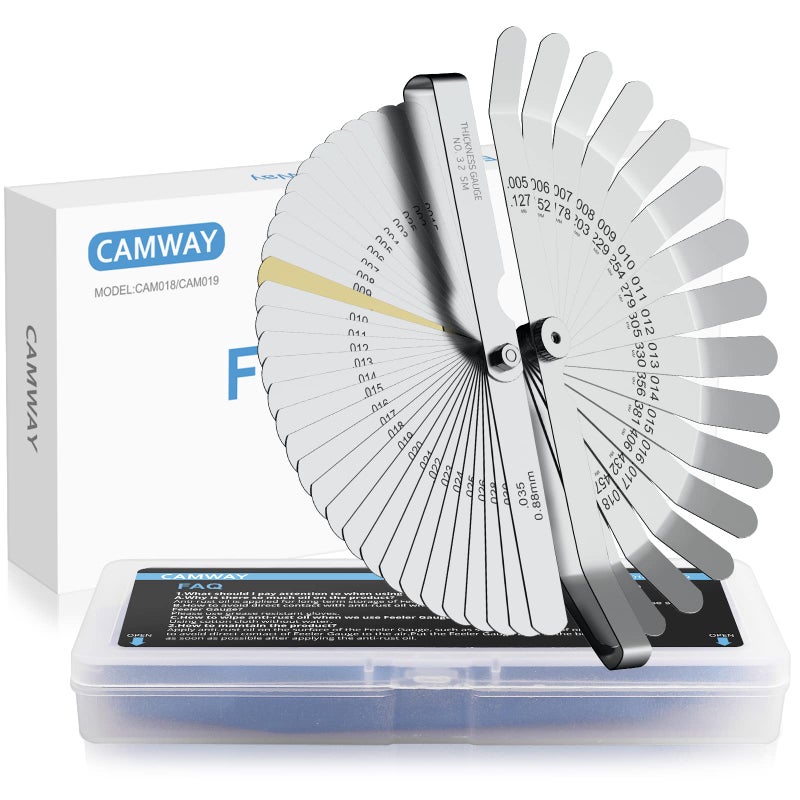 CAMWAY 2Pcs Feeler Gauge Set Steel Metric/Inch 32 Straight Blade Steel Feeler Gauge+16pcs Feeler Gauge 45Âº Blades Offset for Measuring Gap Width Thickness Valve Spark Plug Gaps Measuring Tools