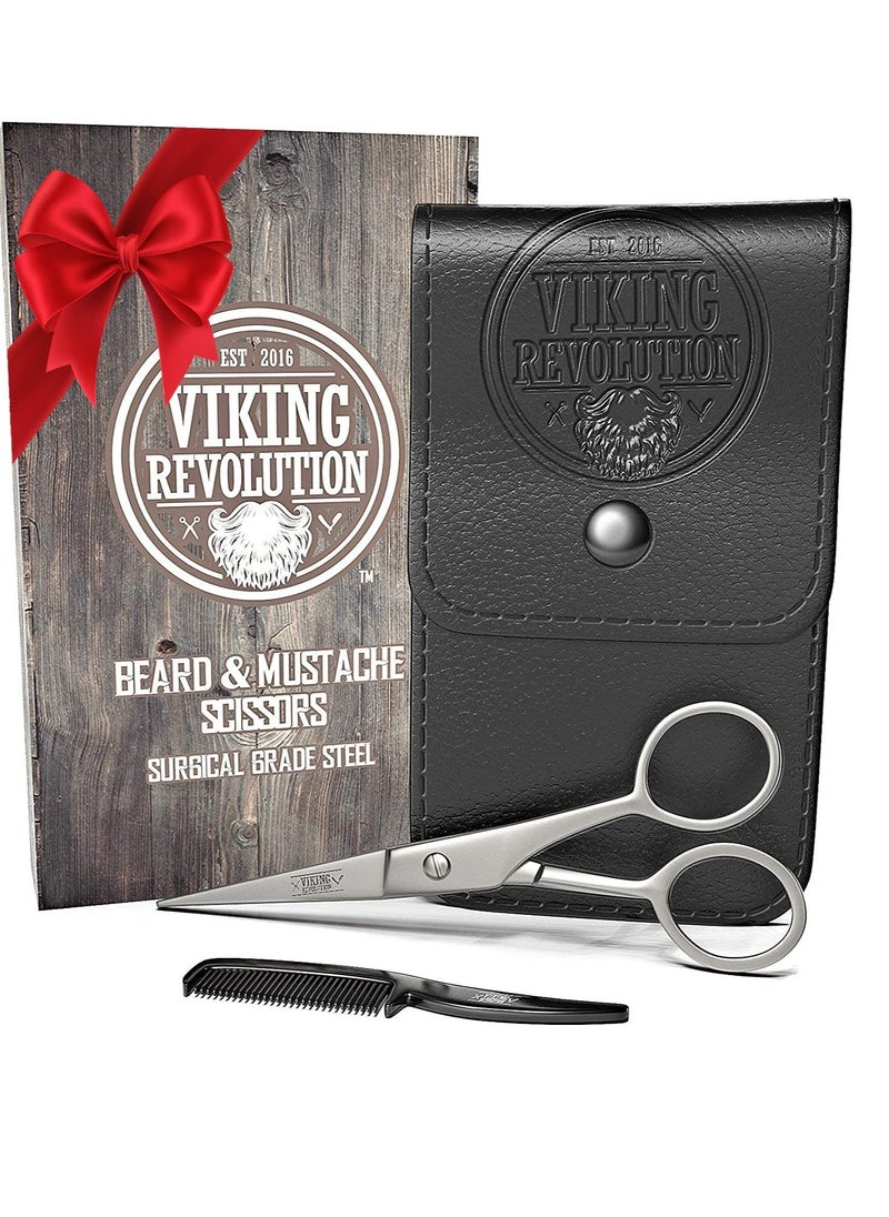 Viking Revolution Viking Revolution - Beard and Mustache Scissors w/Comb and Synthetic Leather Case Professional Sharp Surgical Grade Steel for Trimming, Grooming, Cutting Mustache, Beards & Eyebrows Hair  - Image 1