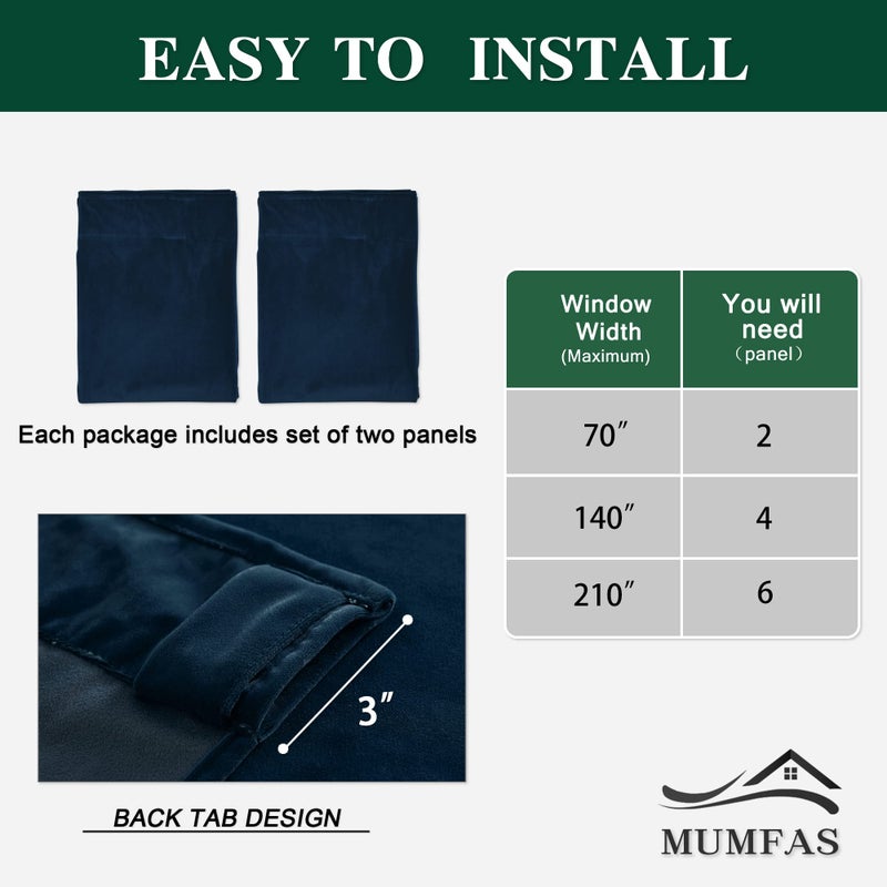 Mumfas Blackout Velvet الأزرق الستائر الستائر بطول 84 بوصات - لوحات ستائر حرارية ناعمة فائقة لغرفة غرفة المعيشة (W52 x L84 علامات التبويب وجيب الجيب الأزرق 2 لوحات) - Image 2